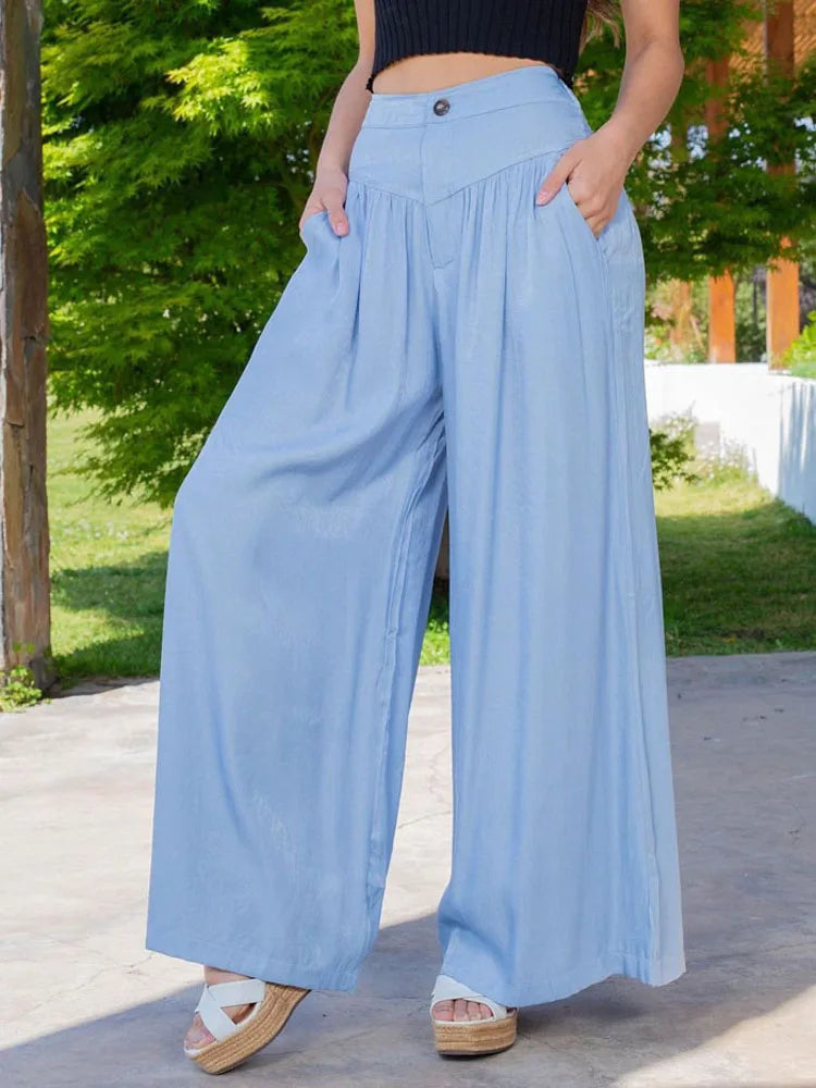 Women Denim Loose Wide Leg Pants Casual Female High Waist Button Flare Full Jeans OUFY-001