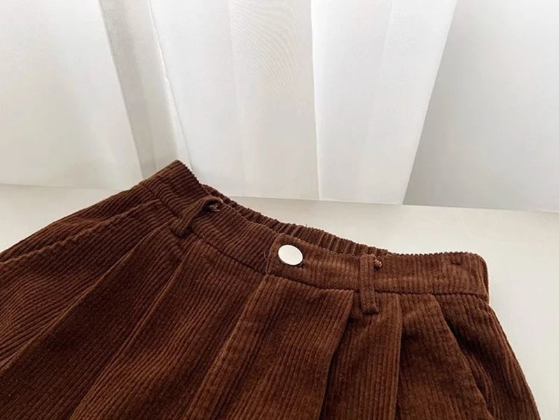 Retro High Waist Corduroy Pants Women Spring Fall Straight Causal Full Length Trousers Korean Fashion Baggy All Match Black Pant