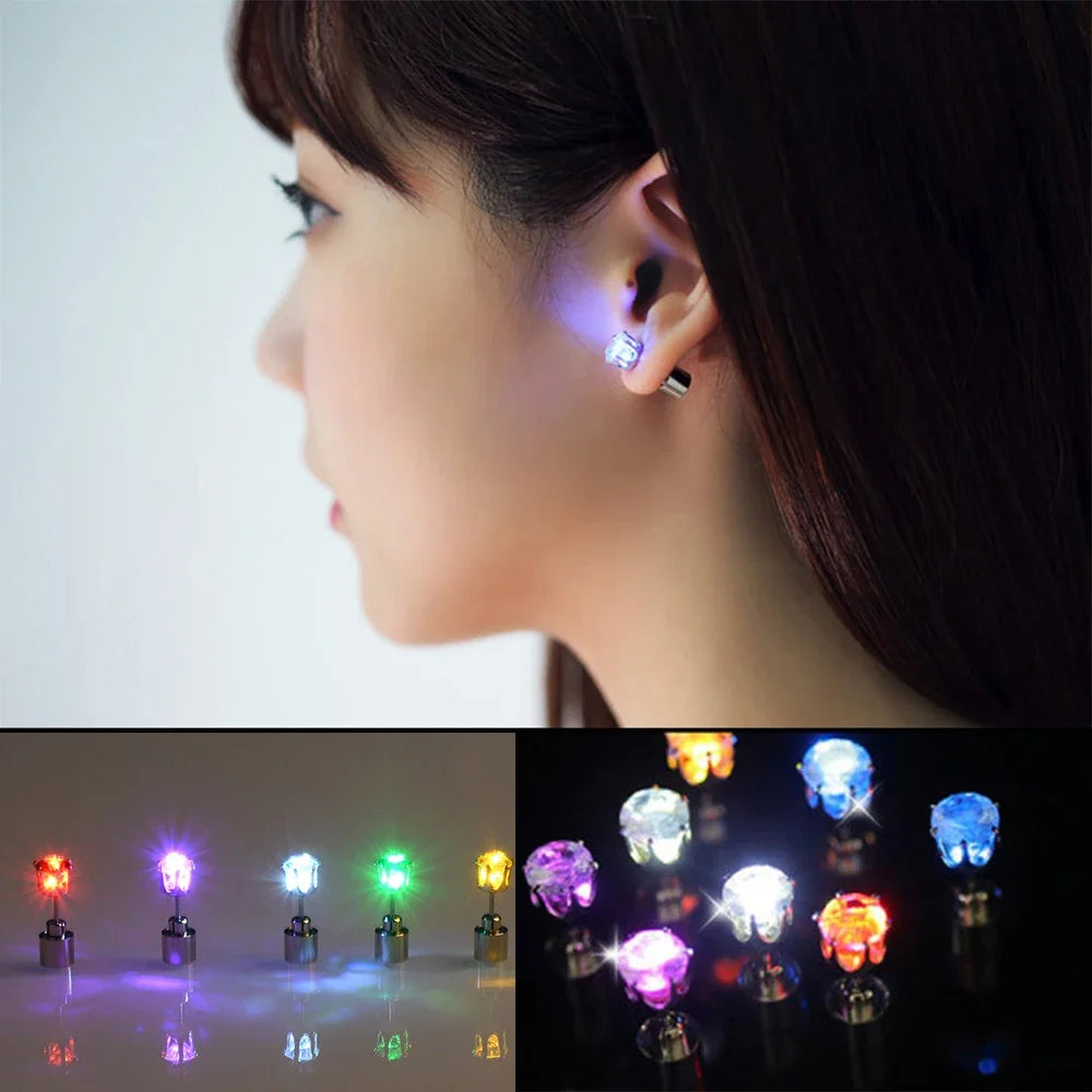 2PCS Colorful LED Luminous Studs Square Zircon Earrings Men Women Bar Rave Wedding Party Ear Stud Jewelry Glowing Earring