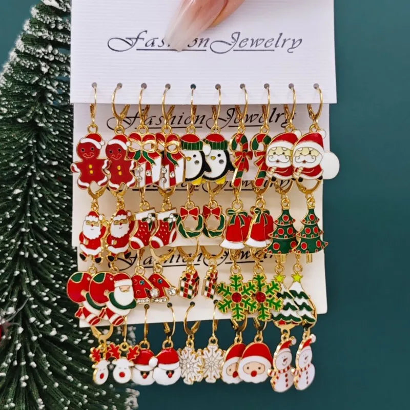 10pcs/set Christmas Snowflake Stud Earrings for Women Christmas Tree Dangle Earring Jewelry Gifts Wholesale