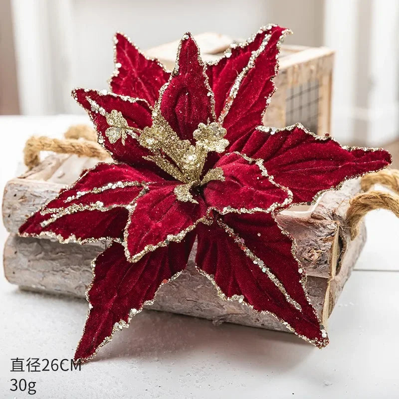 26cm Christmas Flower Red Golden Glitter Flannelette Flower Christmas Tree Decorative Artificial Flower Merry Christmas Decor