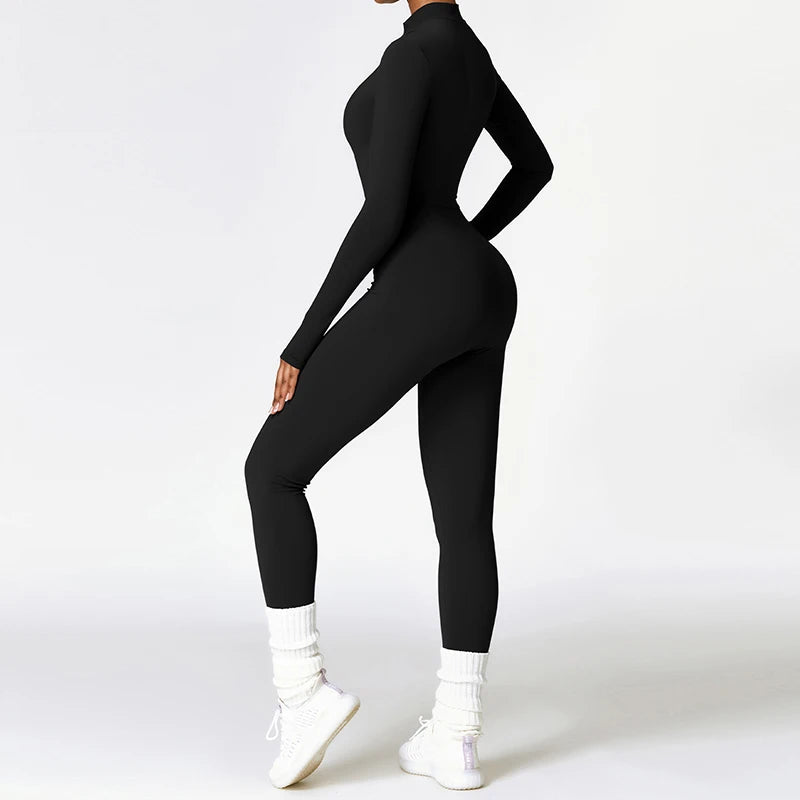 Warm Plush Sports Jumpsuits Women's Tracksuit One-Piece Fitness Suit Winter Gym Sets Long Sleeves Black Exercise Bodysuit Woman