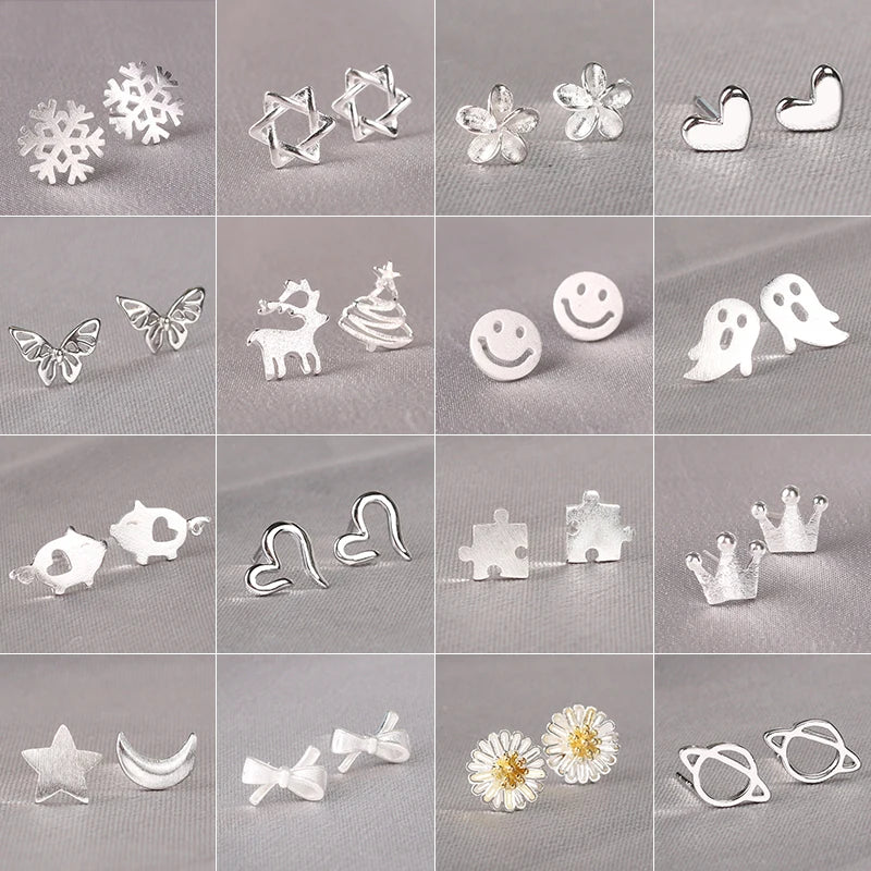 925 Silver Needles Lovely Mini Stud Earrings Women Cute Heart Star Moon Daisy Christmas Xmas Planet Butterfly Ear Studs