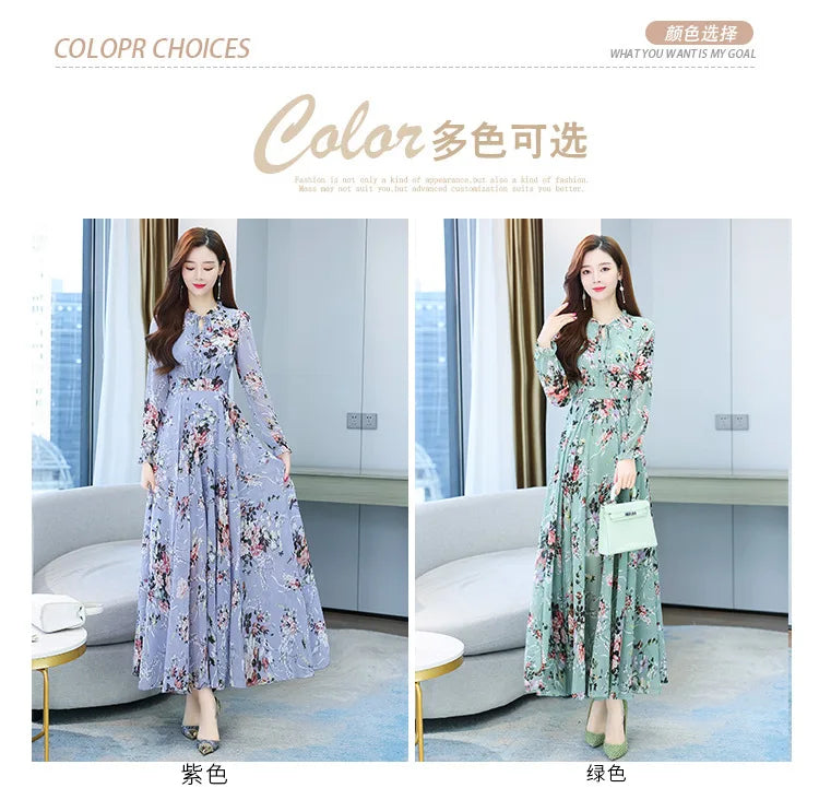 Spicy Mom Dress Chiffon Moms Korean Edition New Autumn and Winter Fragmented Flower Long Style New Long sleeved Medium Long UAFP