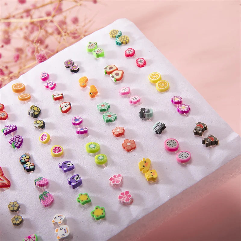 50Pair/set Mixed Style Clay Stud Earrings Set Women Girls Small Plastic Animals Fruit Earrings Set Jewelry Gifts