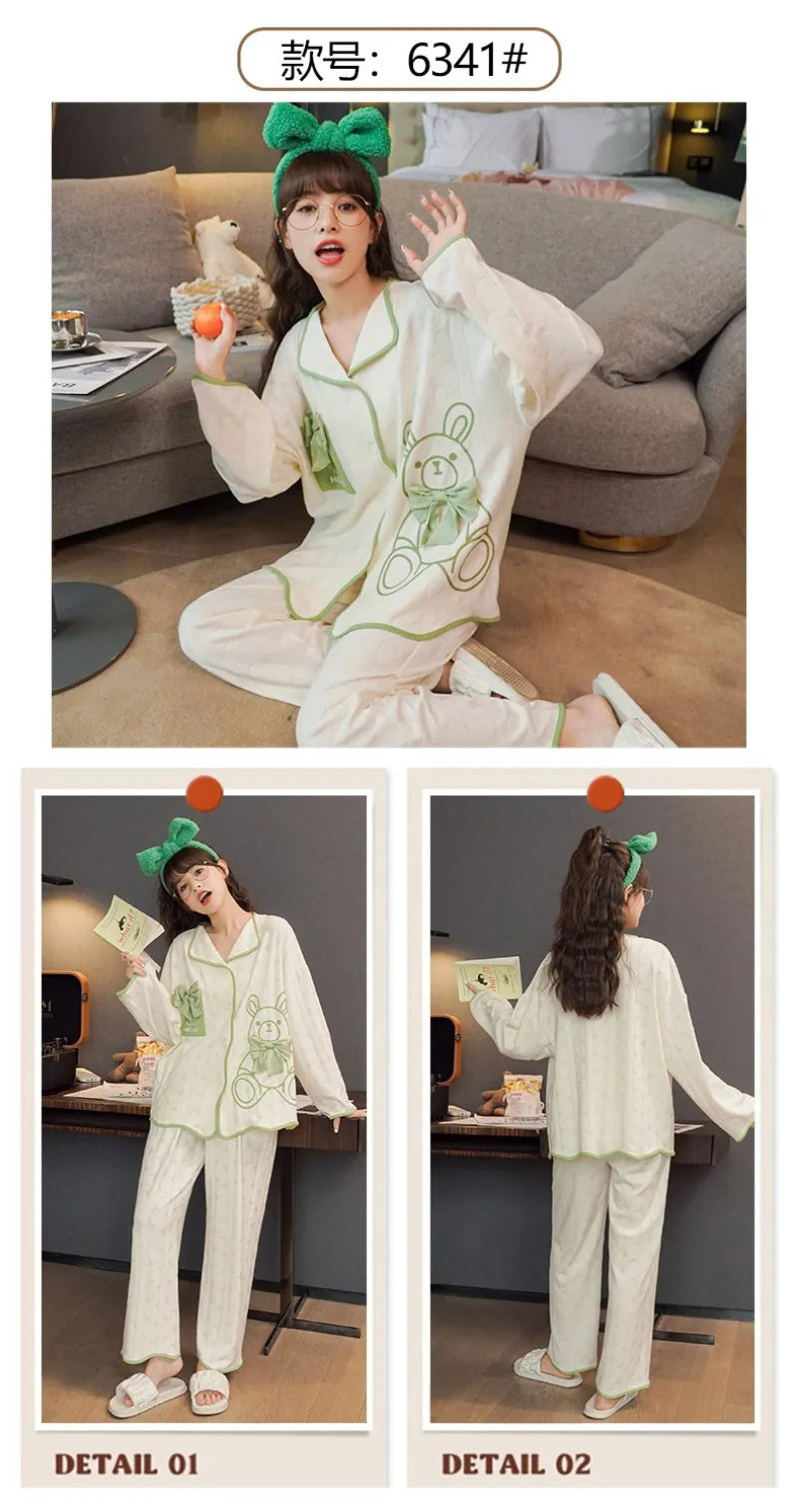 Women's Sweet Ruffle Pajamas Set Long Sleeve Top And Long Pants Sleepwear 2 Piece Set For Women Korean Casual Home Loose Pajamas