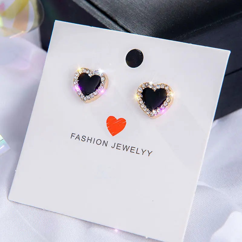 Korean Style Zircon Black Resin Heart Ear Studs for Women Elegant Luxury Geometric Earrings 2024 Fashion Trends Jewelry Gifts