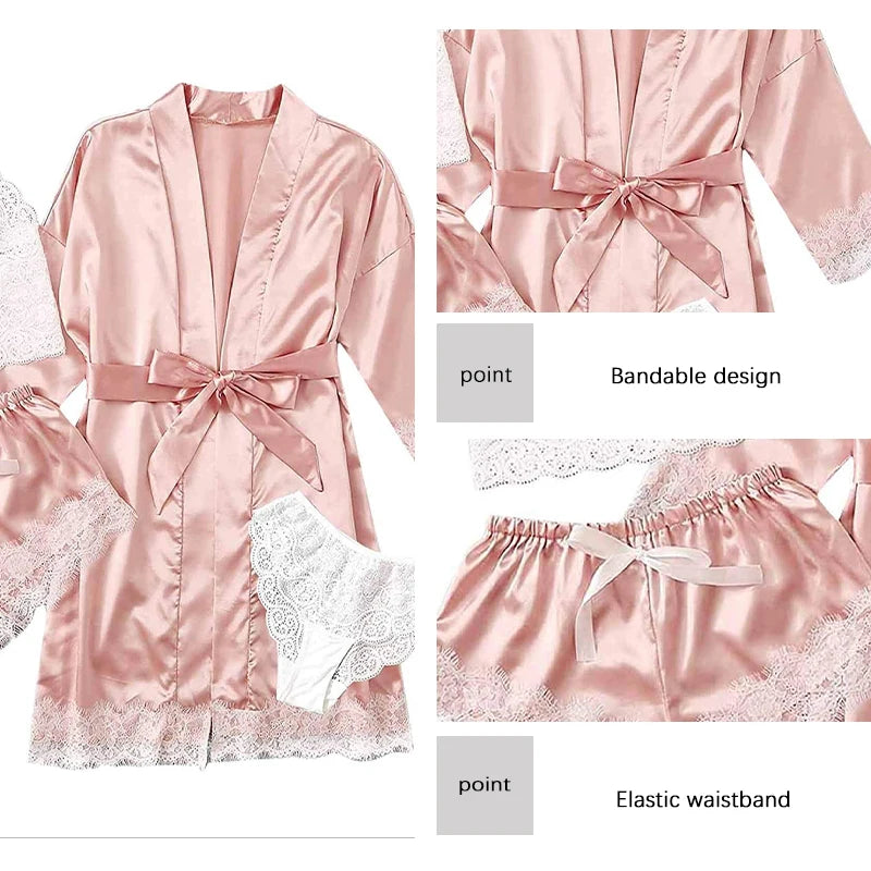 Women's Summer Sexy Pajama Pants Set 4 Pieces Lace Satin With Silk Sleepwear Robe Fashion And Comfortable Nightwear