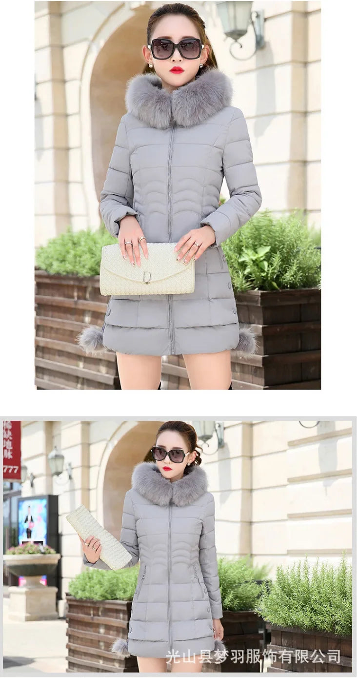 2024 Winter Women Jacket Parkas Big Fur Collar Hooded Thick Warm Down Cotton Coat Female Casual Fashion Female Outerwear R006