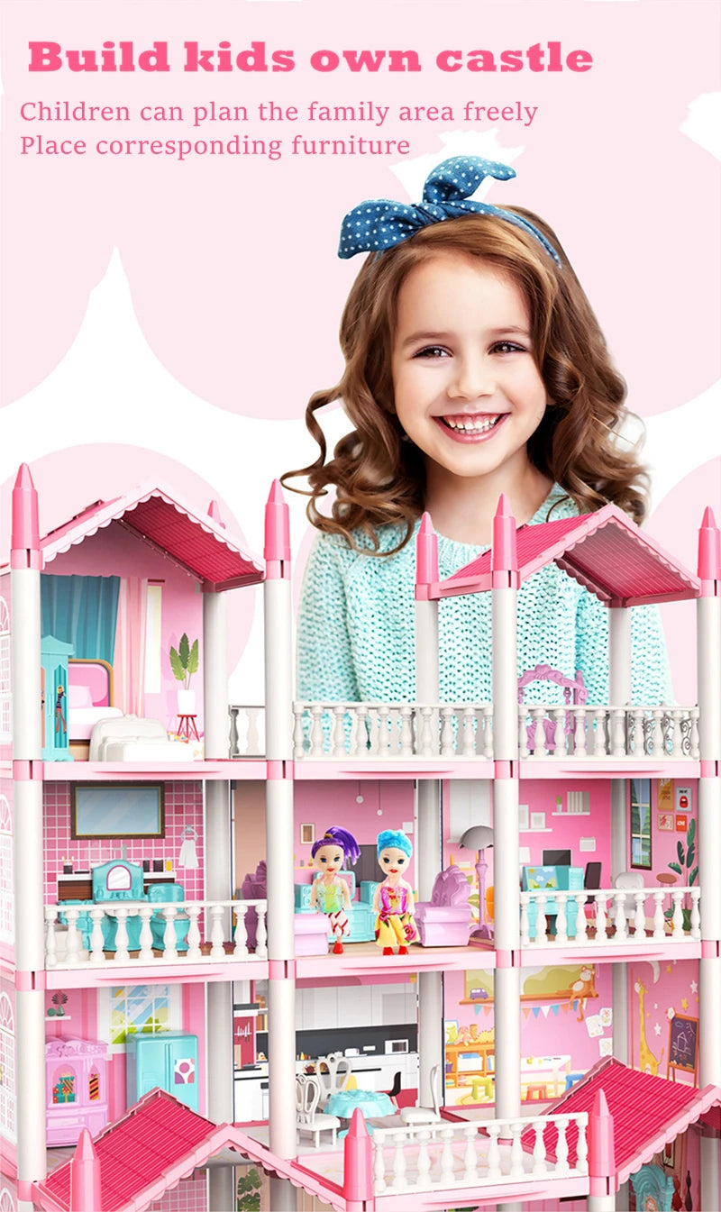 3D DIY Assembly Doll House Fantasy Princess Castle Villa Set Toys Girl Family Toys Children's Music Doll House Assembly Villa