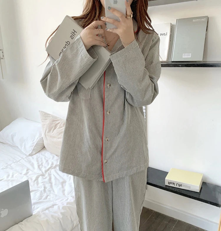 Korean Fashion Striped Leisure Wear Pajama 2 Piece Set Women Nightgown Cosplay Sexy Pajama 2024 New Autumn Winter Pajama Sets