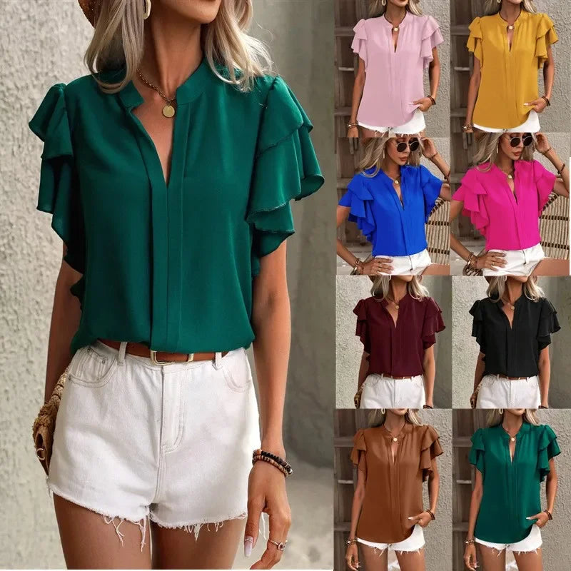 Summer Women's Shirt Solid Color V-neck Short Sleeve Pullover New Office Lady Ruffle Sleeve Casual Blouse Women Tops S-XXL Shirt