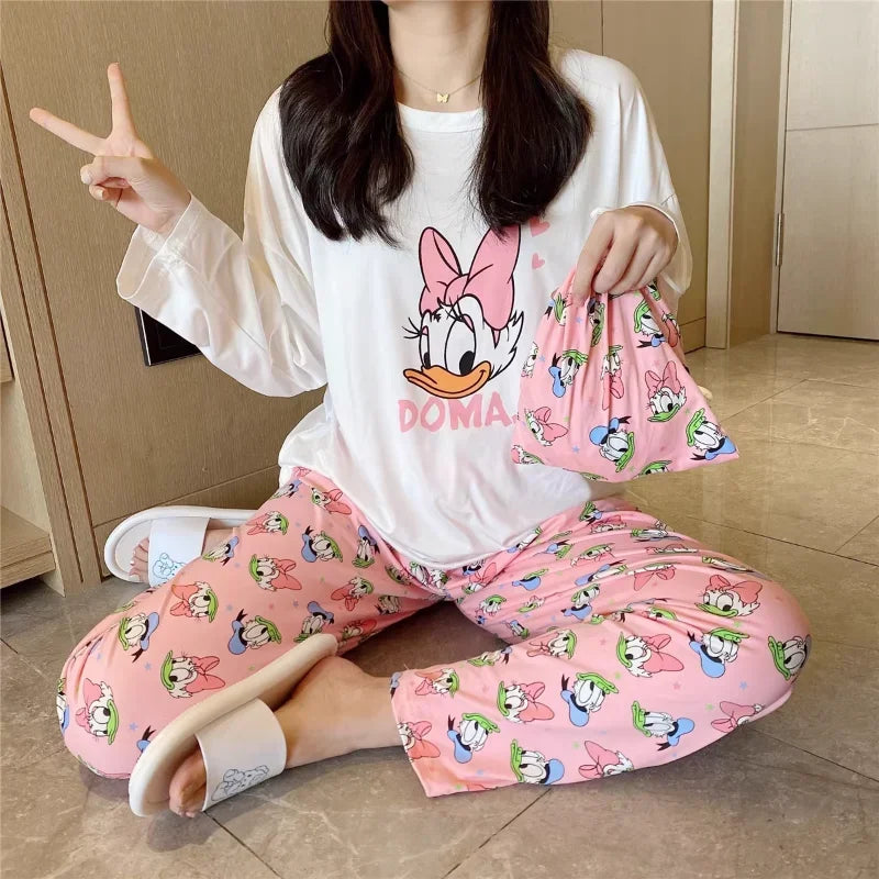 New Disney Mickey Mouse pajamas, pure cotton long-sleeved trousers casual two-piece Winnie the Pooh loungewear women's pajamas