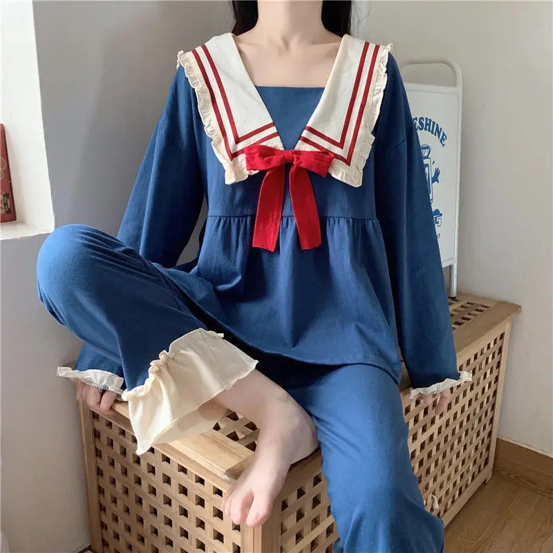 Spring New Women's Pajamas Homewear Set of Girls Long-Sleeved Navy Collar Blue Cute Student Fall and Winter Pajamas Homewear