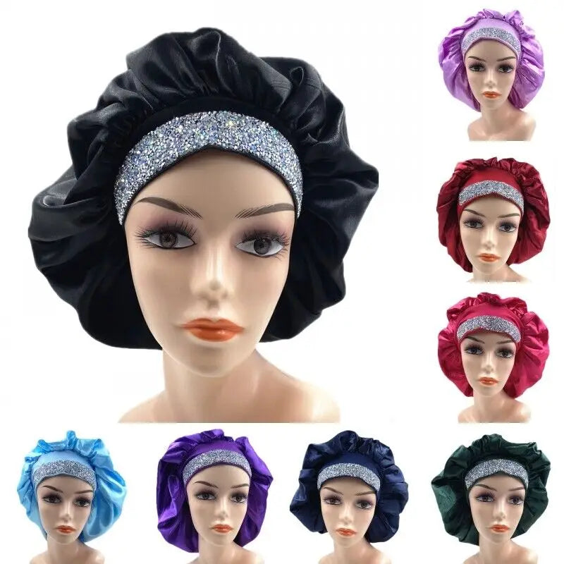 Glitter Rhinestone Wide Band Turban Women Hair Cover Satin Night Sleep Cap Bonnet Head Scarf Headwrap African Hat