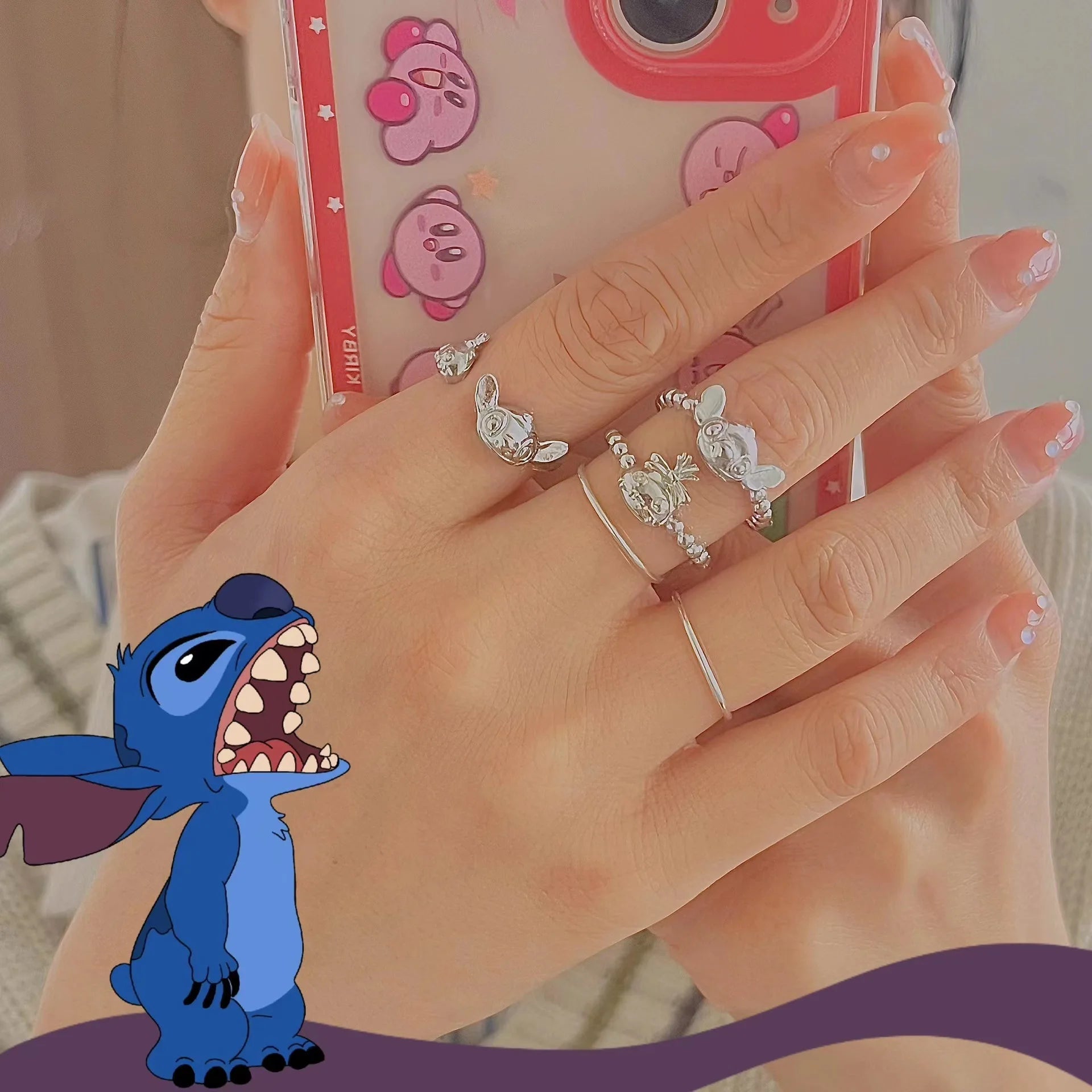 Disney Anime Stitch Silver Ring Cartoon Lilo & Stitch  Adjustable Rings Kawaii Kids Toys Woman Fashion Jewelry Birthday Gifts