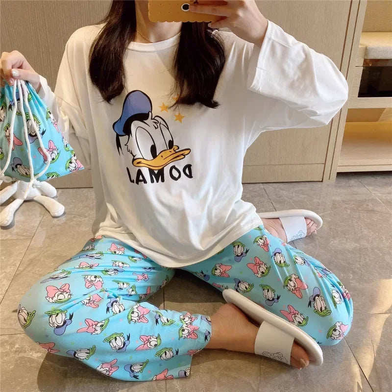 New Disney Mickey Mouse pajamas, pure cotton long-sleeved trousers casual two-piece Winnie the Pooh loungewear women's pajamas