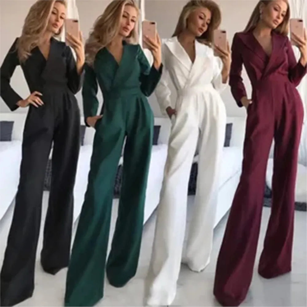 Spring Summer New Solid Color Suit Collar Women's Jumpsuit Fashion Pocket Slim Elegant Female Office Jumpsuit