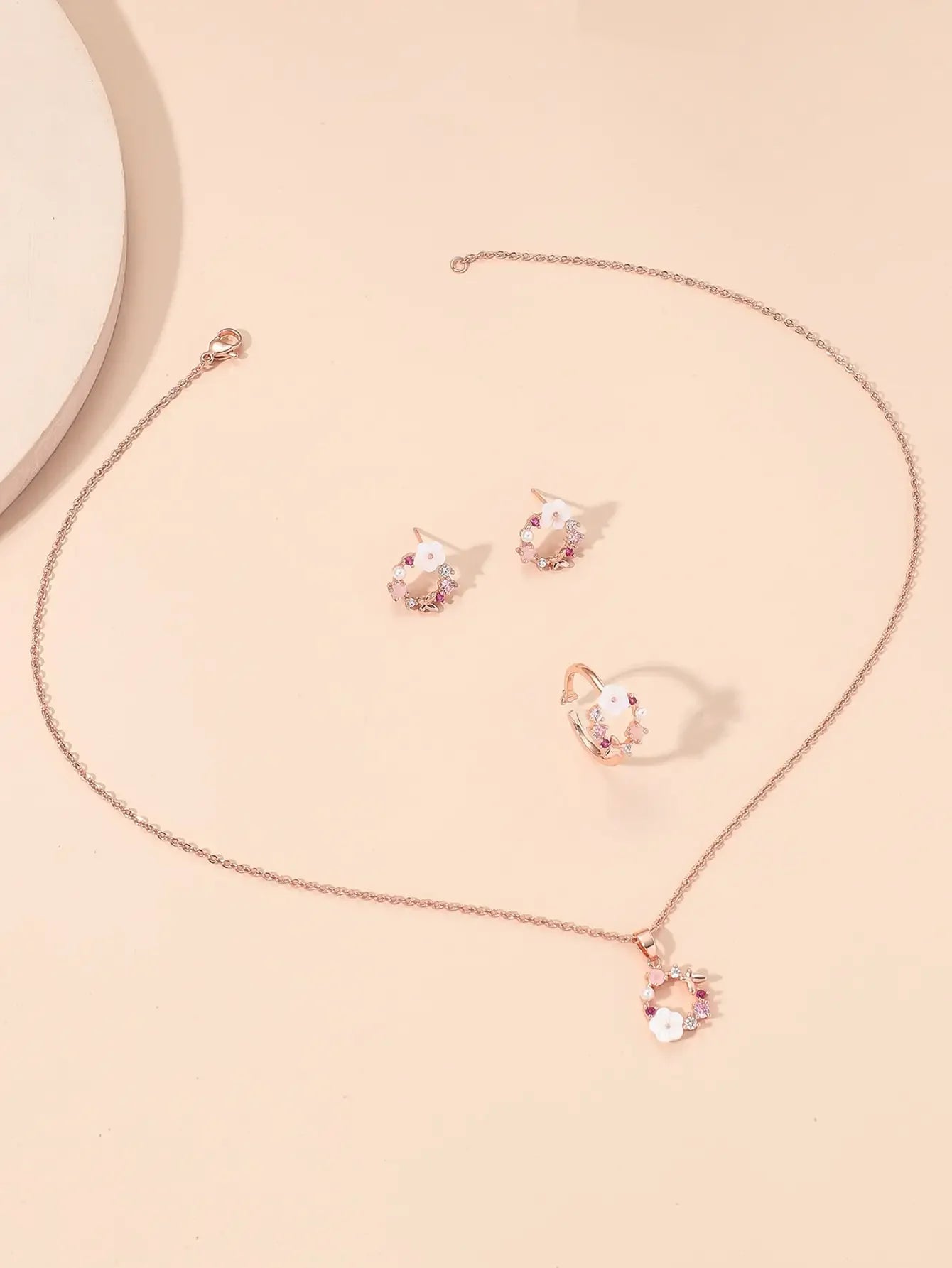 4 Pieces Rose Gold-color Lady Flower Fashion Accessories Zircon Simple Ornate Exquisite Necklace Ring Earrings Jewelry Set