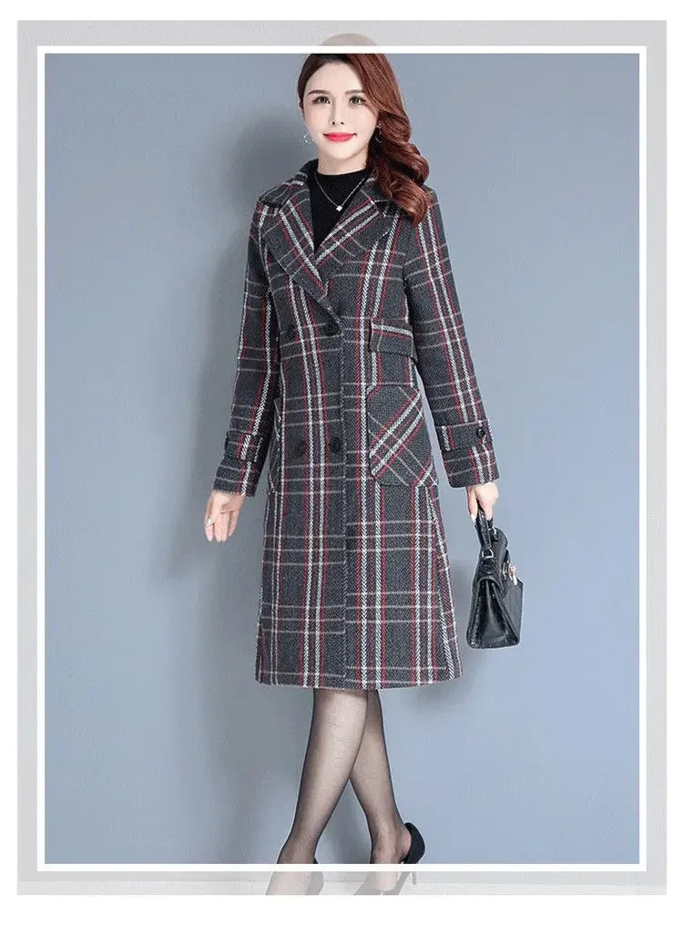 Women's Long Woolen Jacket 2022 New Style Thickened Warm Bird's Nest Plaid Woolen Overcoat Neat Fashion Sense Chic Streetwear