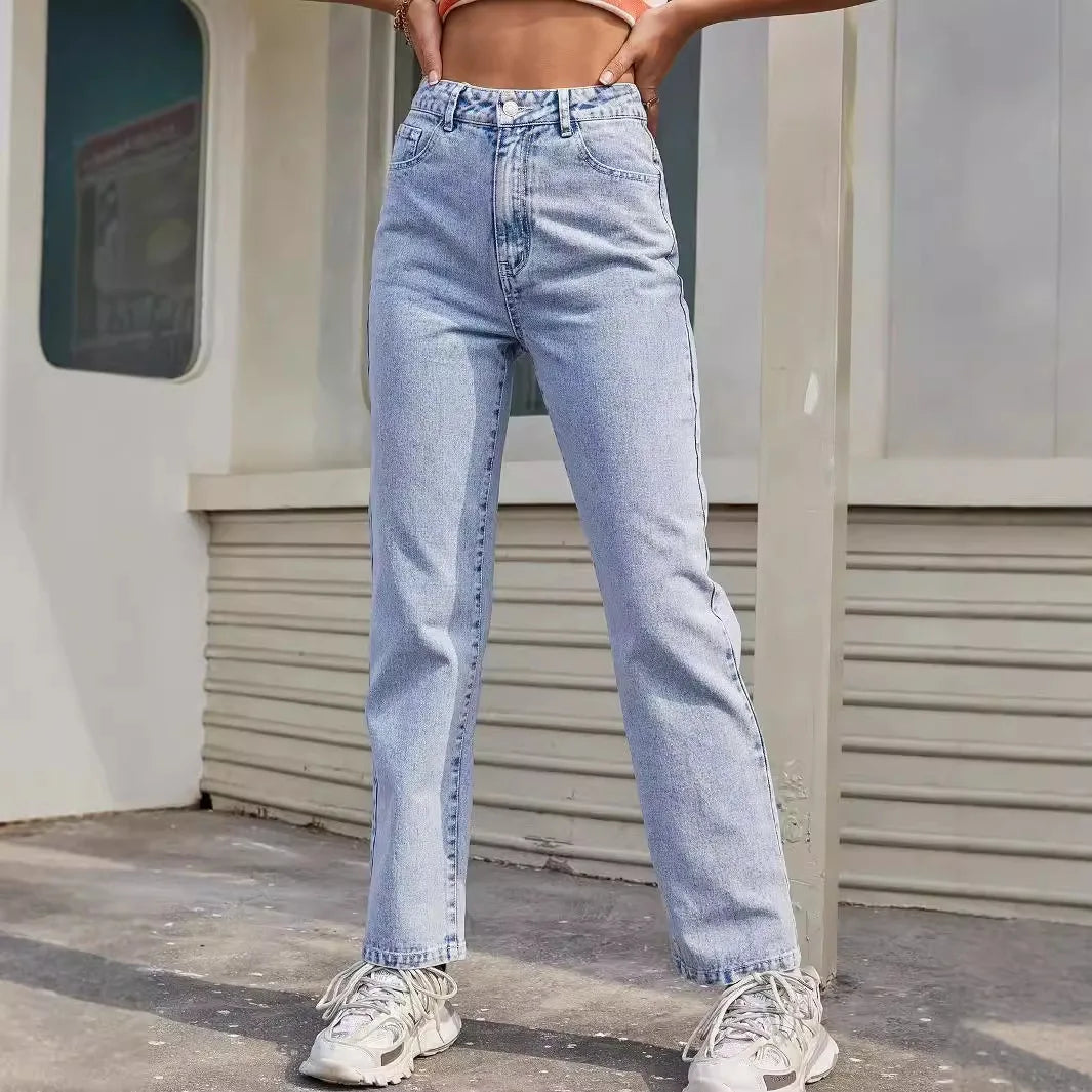 Women Basics Jeans Straight Pants Denim Mid Waist Pockets Button Vintage 2024 Autumn Female Ankle Length Trousers Streetwear