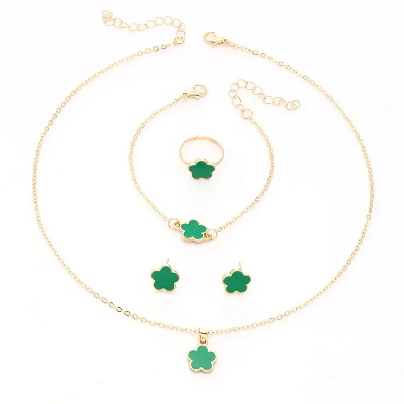 Lucky Five-petal Flower Clover Earrings Necklace Ring Bracelet Four-piece set for Woman Fashionable Accessories Party Jewelry