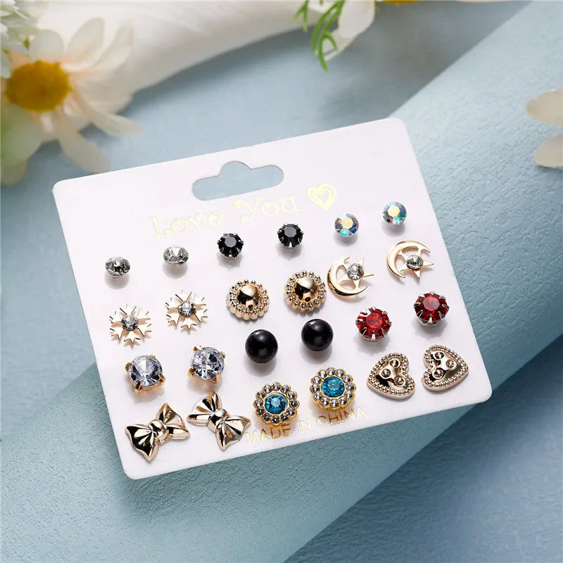 12 Pairs/Set Imitation Pearl Sun Star Flower Bow Heart Zircon Combination Paper Card Stud Earrings Set Fashion Geometric Earring