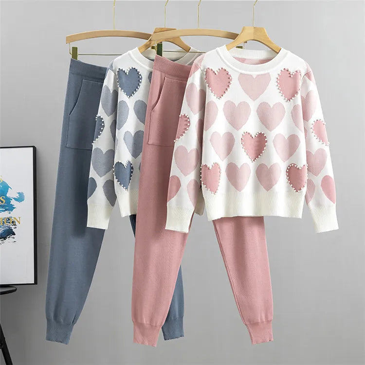 Chic Beading Knit Sweater 2 Piece Sets Women Outfits Korean Fashion O-neck Pullover & Harem Pants Sport Tracksuits Suit