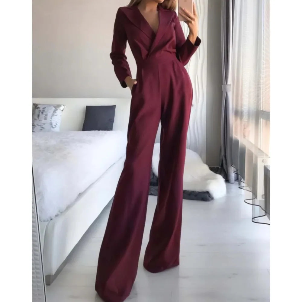 Spring Summer New Solid Color Suit Collar Women's Jumpsuit Fashion Pocket Slim Elegant Female Office Jumpsuit