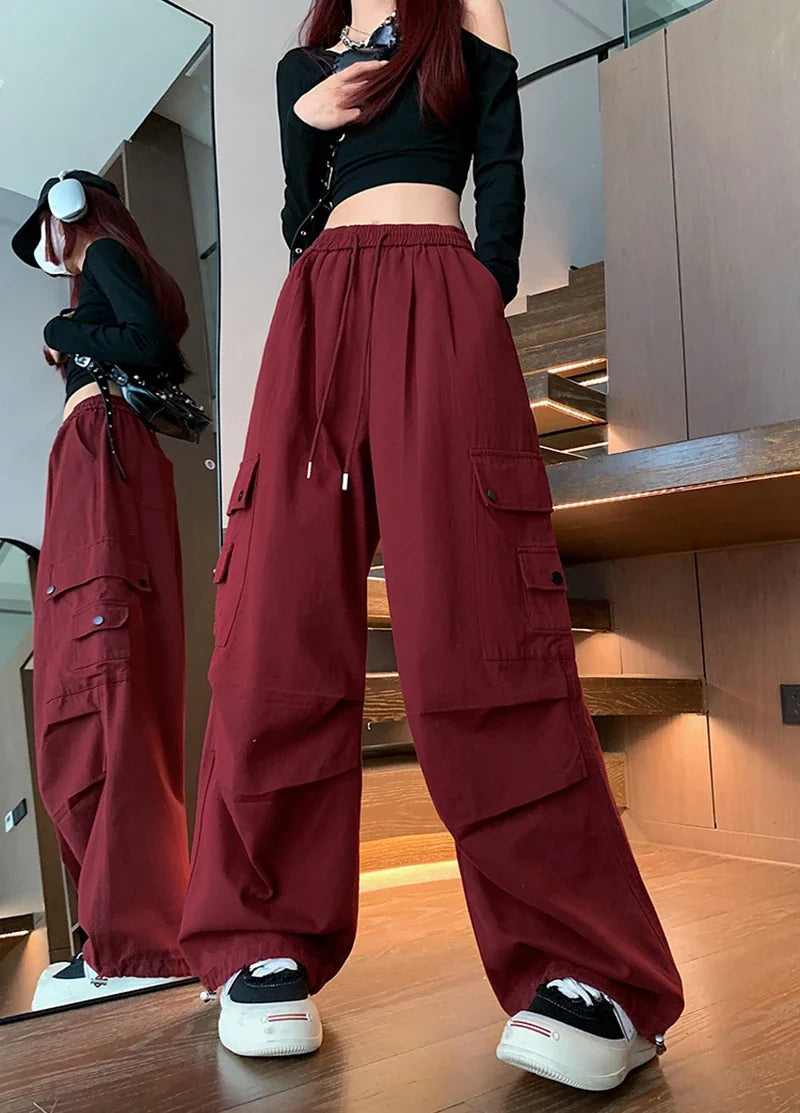 Y2K Cargo Pants Women Harajuku Oversized Sweatpants Black Pockets Wide Leg Joggers Streetwear High Waist Baggy Sports Trousers