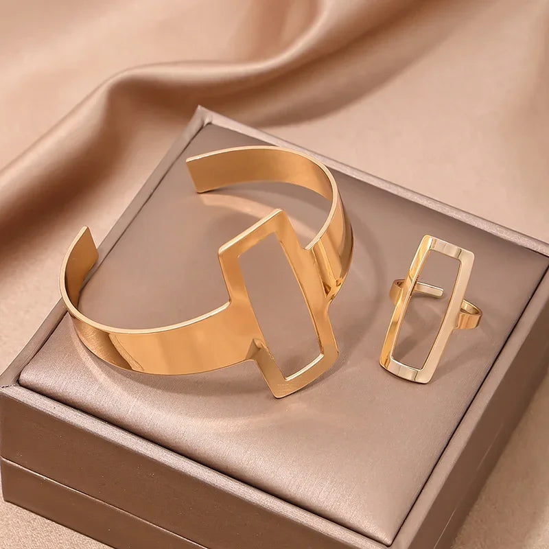 2-Piece Set Of Fashionable And Simple Geometric Open Square Jewelry Hollow Ring Bracelet Set Mother'S Day Gift Jewelry Set