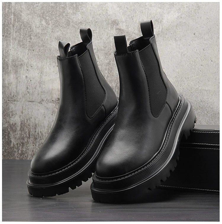 Luxury Design Mens Platform Chelsea Boots Thick Bottom Split Leather Ankle Boots Male Footwear Round Toe Short Martins Boots