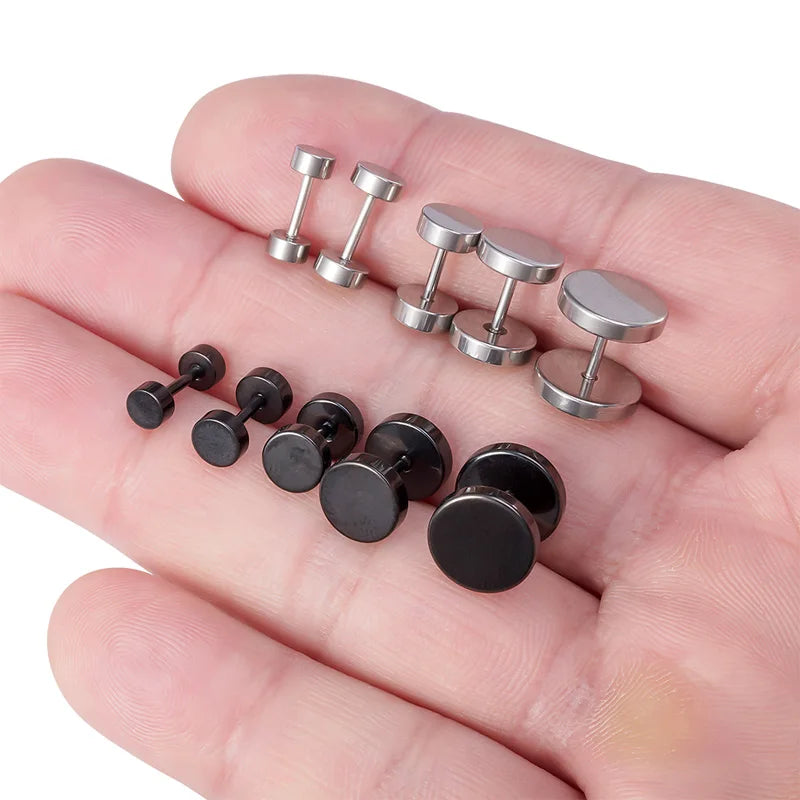 5pcs Man Women Barbell Punk Gothic Stainless Steel Ear Stud Earrings Black Dumbbell Screw Fake Cheater Ear Plug Piercing Jewelry