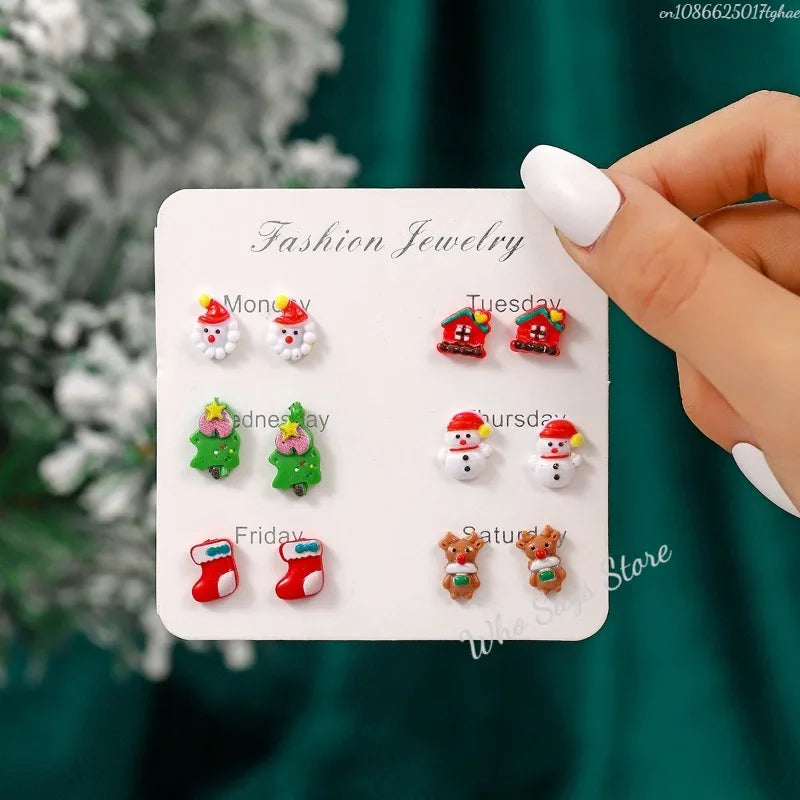 6 Pairs/Set Christmas Stud Earring For Women Cute Cartoon Resin Snowflake Santa Claus Elk Earrings Girl Party New Year Jewelry