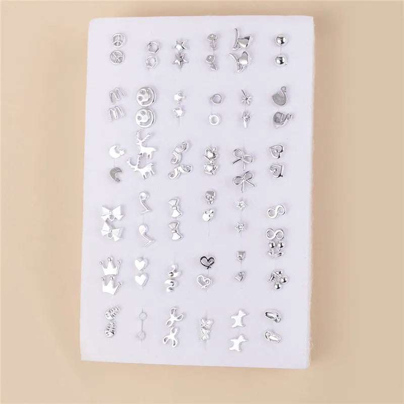 36Pairs Randomly Mixed Silver Color Stud Earrings Women Bowknot Crown Heart Small Plastic Earrings Sets For Girl Jewelry Gifts