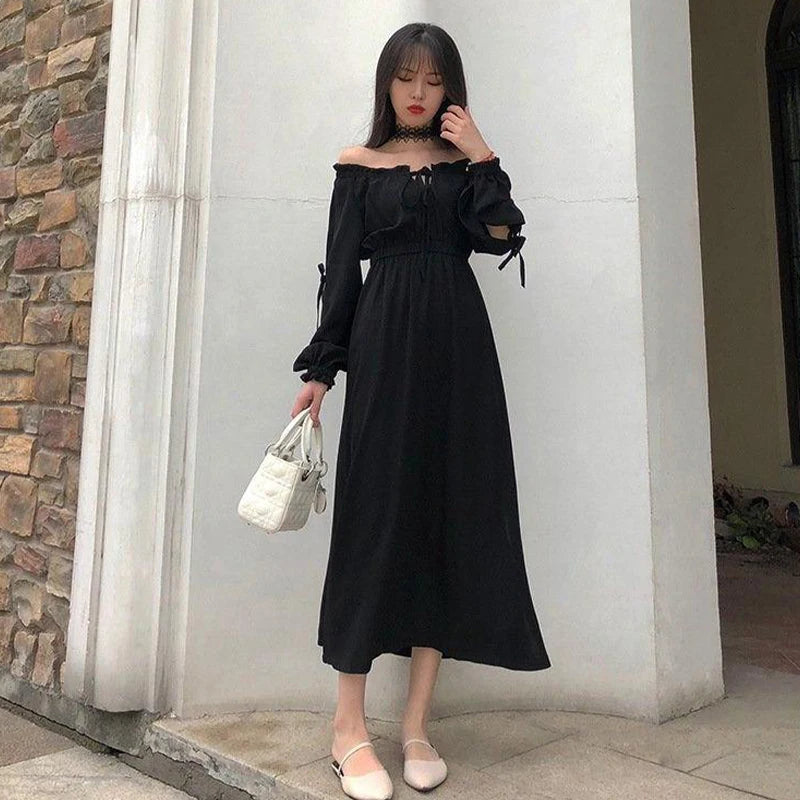 Long Sleeve Front Lace-up Cut-out Women Autumn Casual Chic A-line Long Dress New Year's And Christmas Red Dress