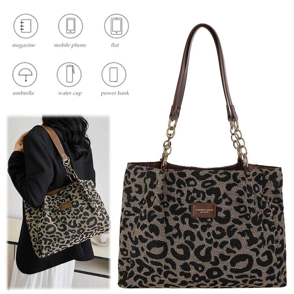 Women Shoulder Bag Leopard Print Canvas Handbag Multi-Pockets Underarm Bag for School Work Shopping