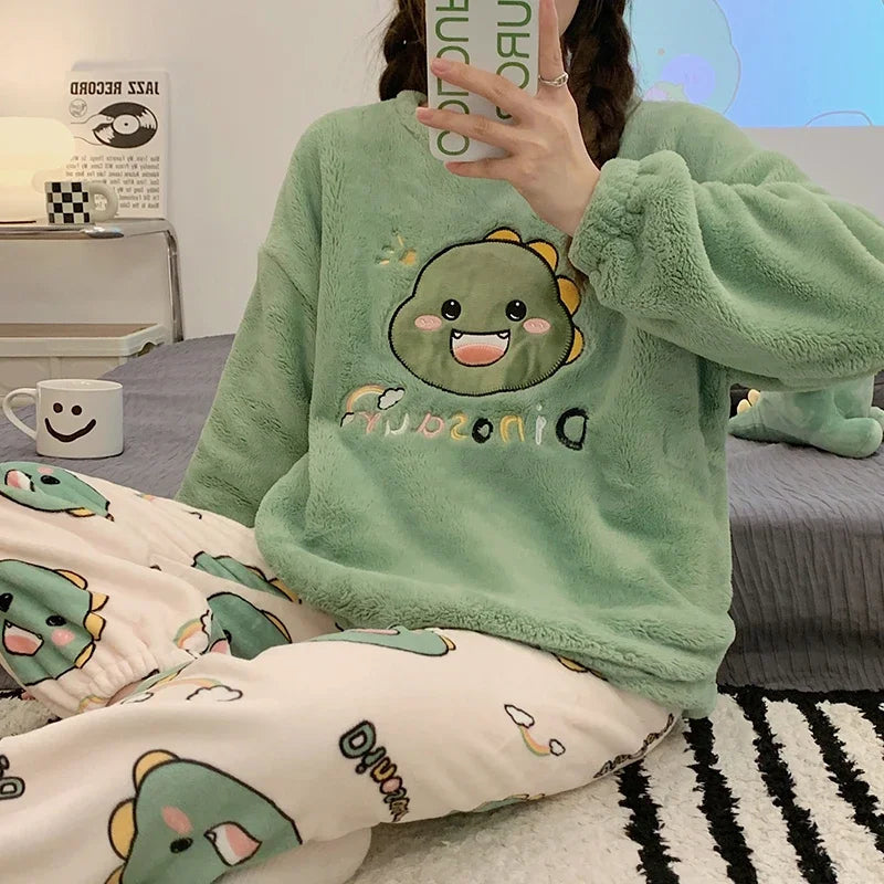 Winter New Flannel Sleepwear Thickening Round Neck Long Sleeve Women's 2 Pieces Set Cute Dinosaur Printing Home Suit for Women