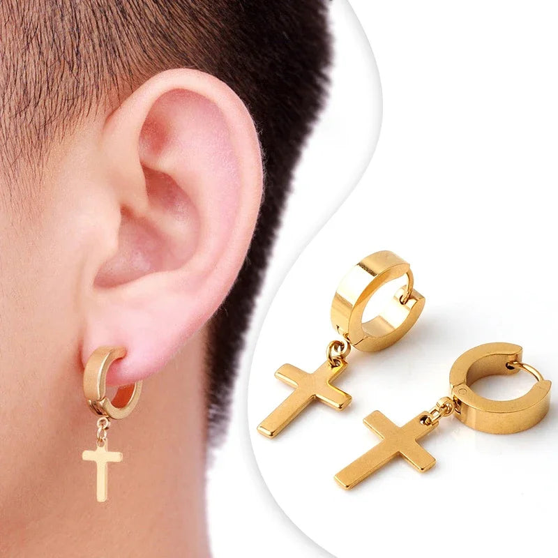 2pc Stainless Steel Men Cross Stars Punk Dangle Earrings Gothic Woman Cross Ear Hoop Earrings Huggies Pendant Piercing Jewelry