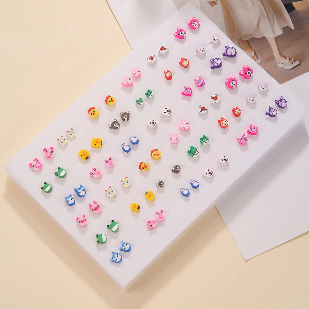 36Pair/lot Multi-style Colorful Cartoon Fruit Animal Geometric Stud Earrings Set For Women Girls Cute Children Ear Jewelry Gifts