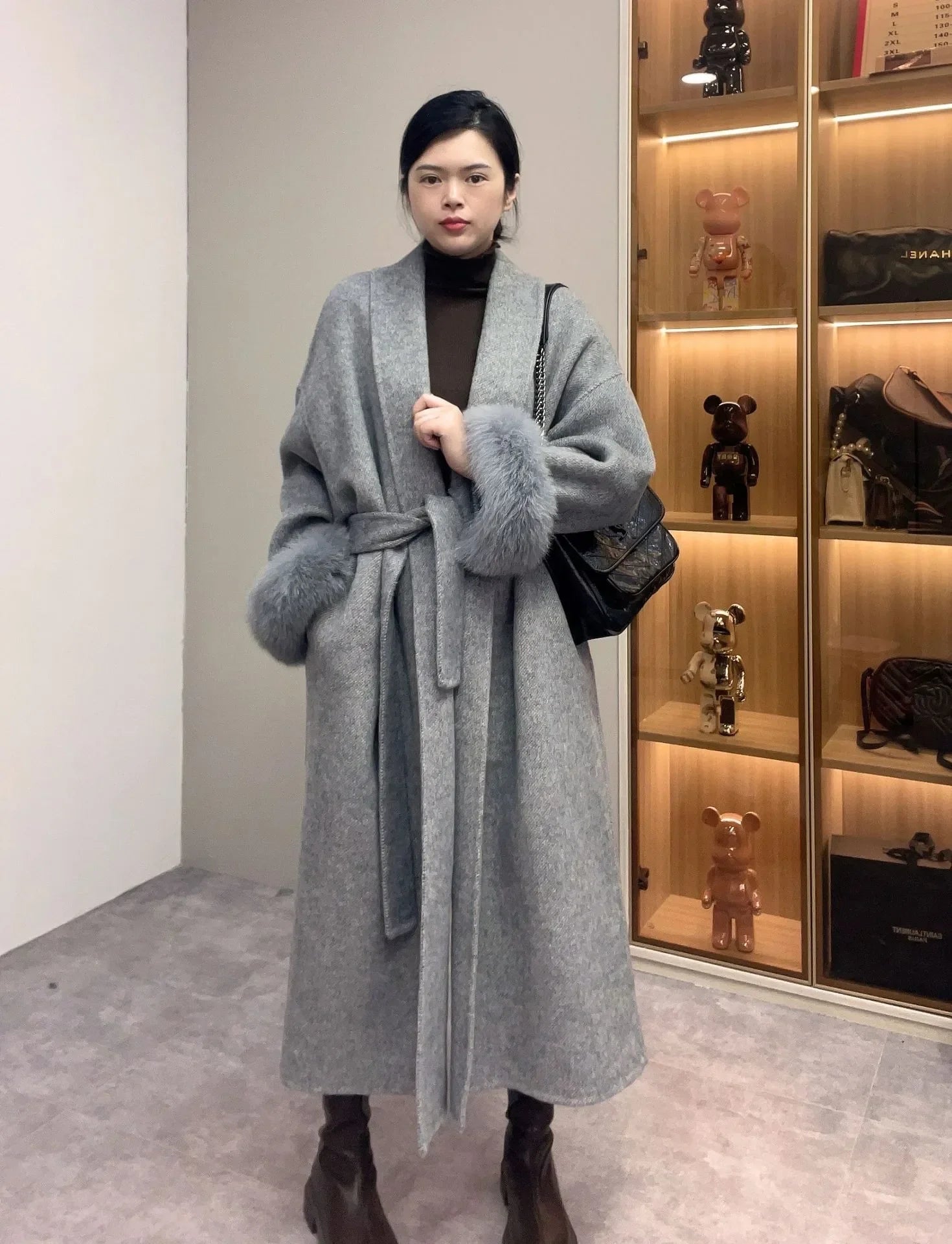 High End Double-sided Wool Strapping Real Wool Fur Coat Women's Removable Cuffs Fox Fur Temperament Cashmere Short Jacket