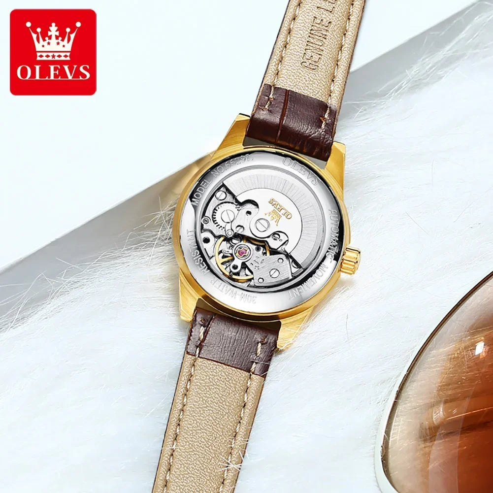 OLEVS Automatic Mechanical Skeleton Watch for Women New Casual Leather Strap Waterproof Elegant Women's Wristwatches Reloj Mujer