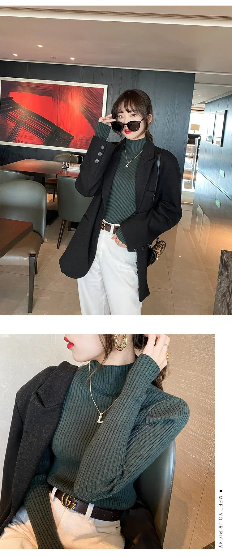 Autumn Winter Women Clasi Striped Solid Slim Y2k Turtleneck Sweater Pull Fashion Knitwears Pullovers Clothing Jumper Blouse