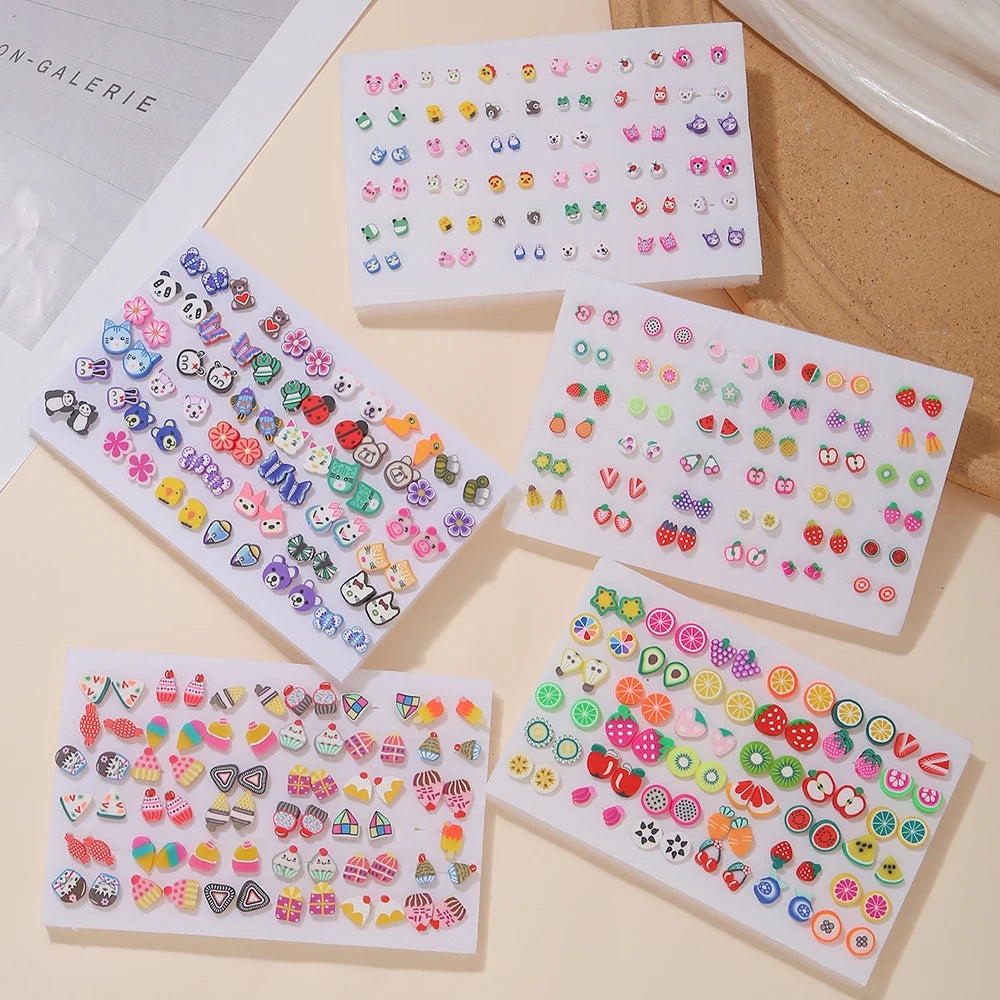 36Pair/lot Multi-style Colorful Cartoon Fruit Animal Geometric Stud Earrings Set For Women Girls Cute Children Ear Jewelry Gifts