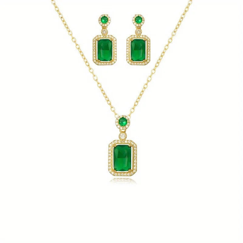 Rhinestone Pendant Necklace Stud Earrings Set Cubic Zirconia Green JewelryRed Jewelry Sets Daily Accessories Gift inANiche Style