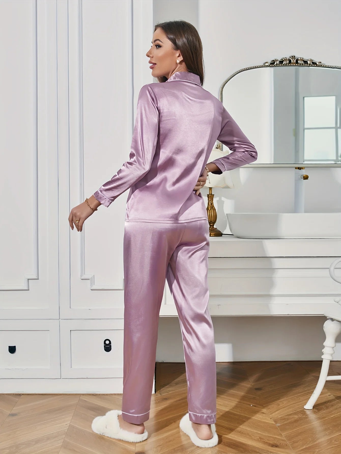 Solid Pajama Set Long Sleeve Button Up Lapel Top & Pants Pj Set Women's Sleepwear & Loungewear