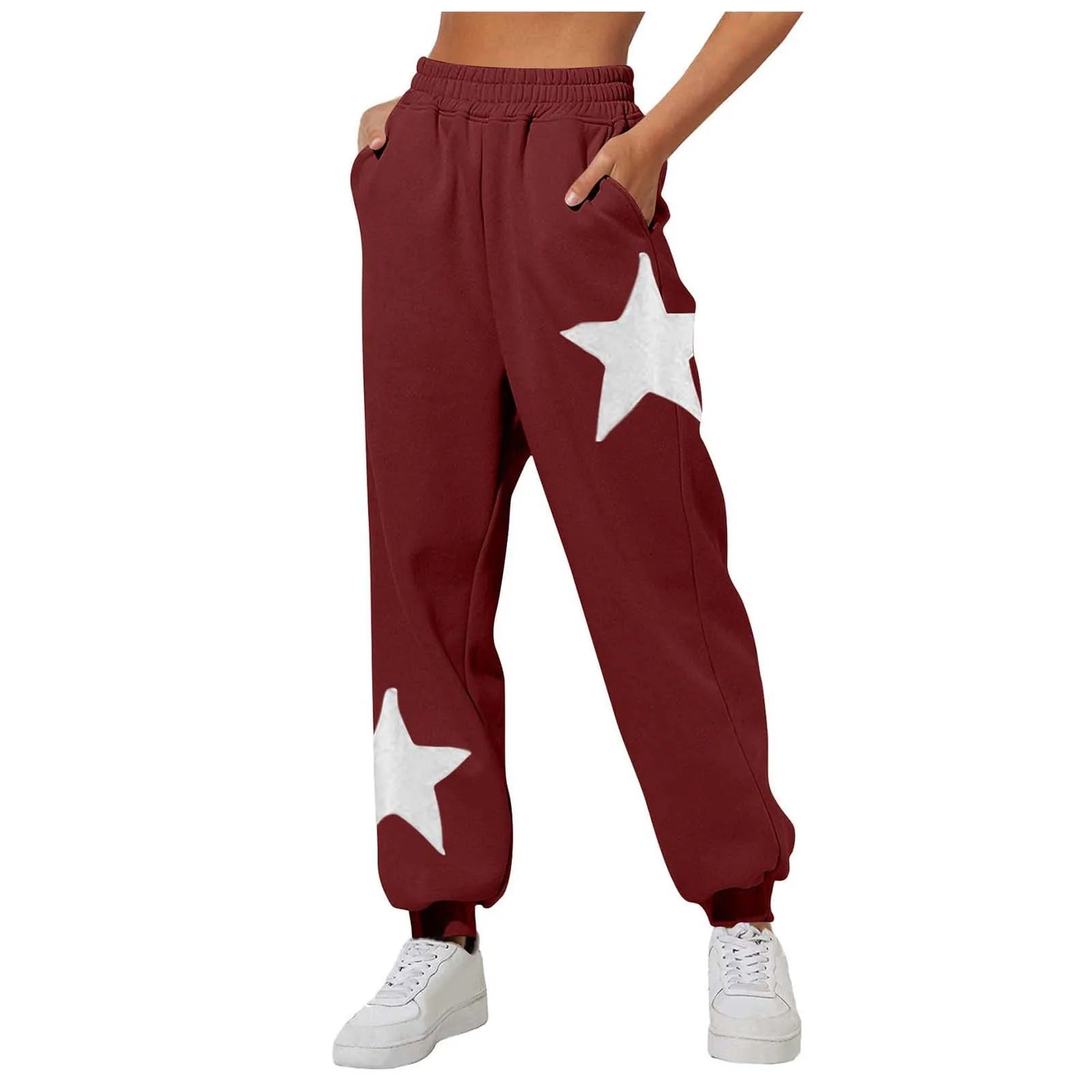 Women'S Casual Fashion Star Print Sweatpants Solid Color Drawstring Pocket Sports Pants High Waist Straight Long Winter Trouser