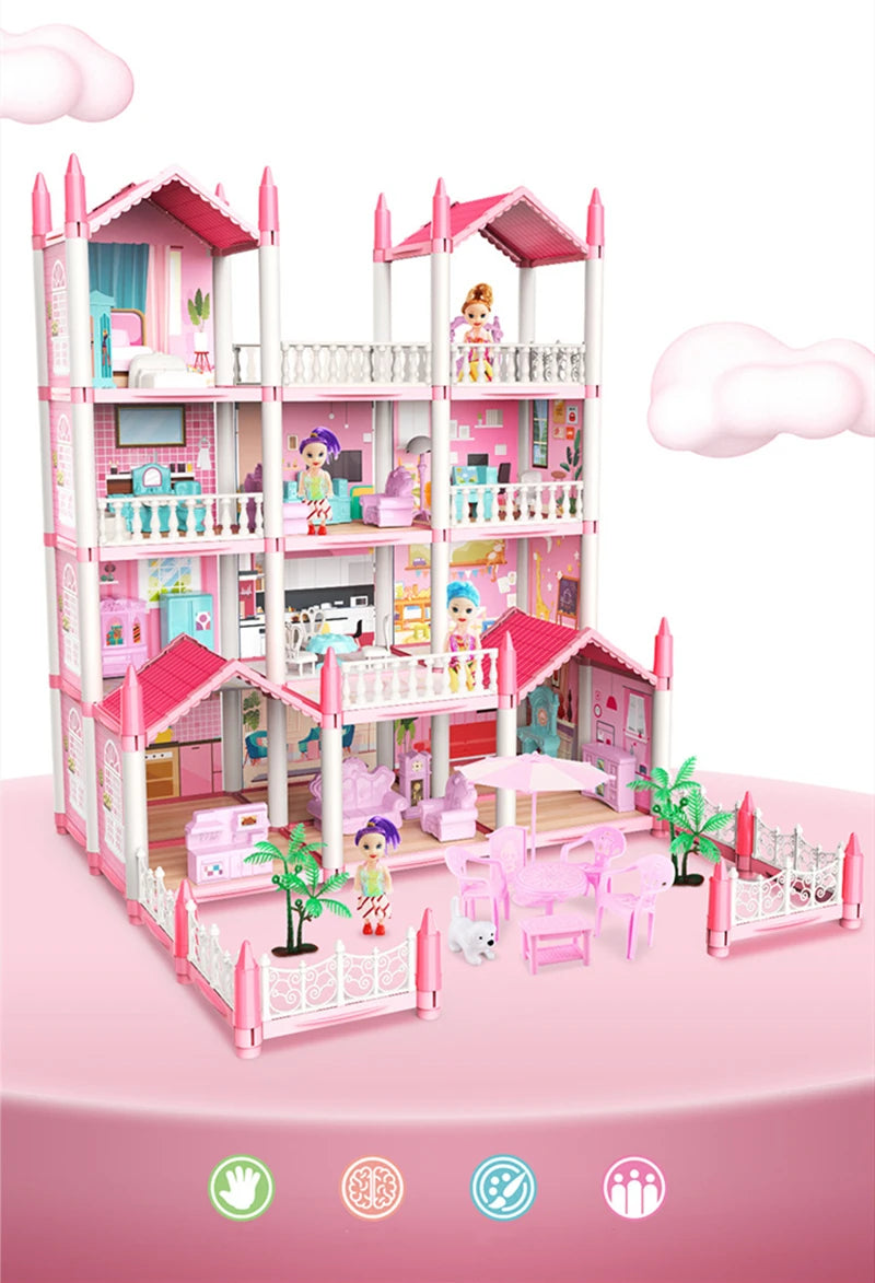 3D DIY Dream Princess Castle Villa Assembly Doll House Set Toy Girl Family Toy Children's Music Doll House Assembly Villa House