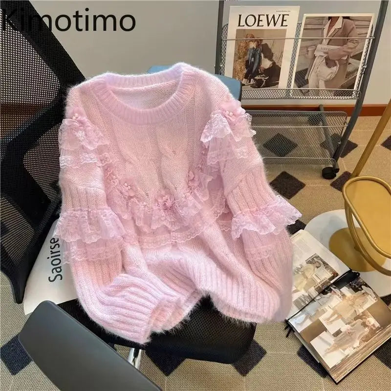 Kimotimo Japanese Sweet Lace Patchwork Sweater Women Autumn Winter Beading Fashion O Neck Loose Long Sleeve Knitted Pullover Ins