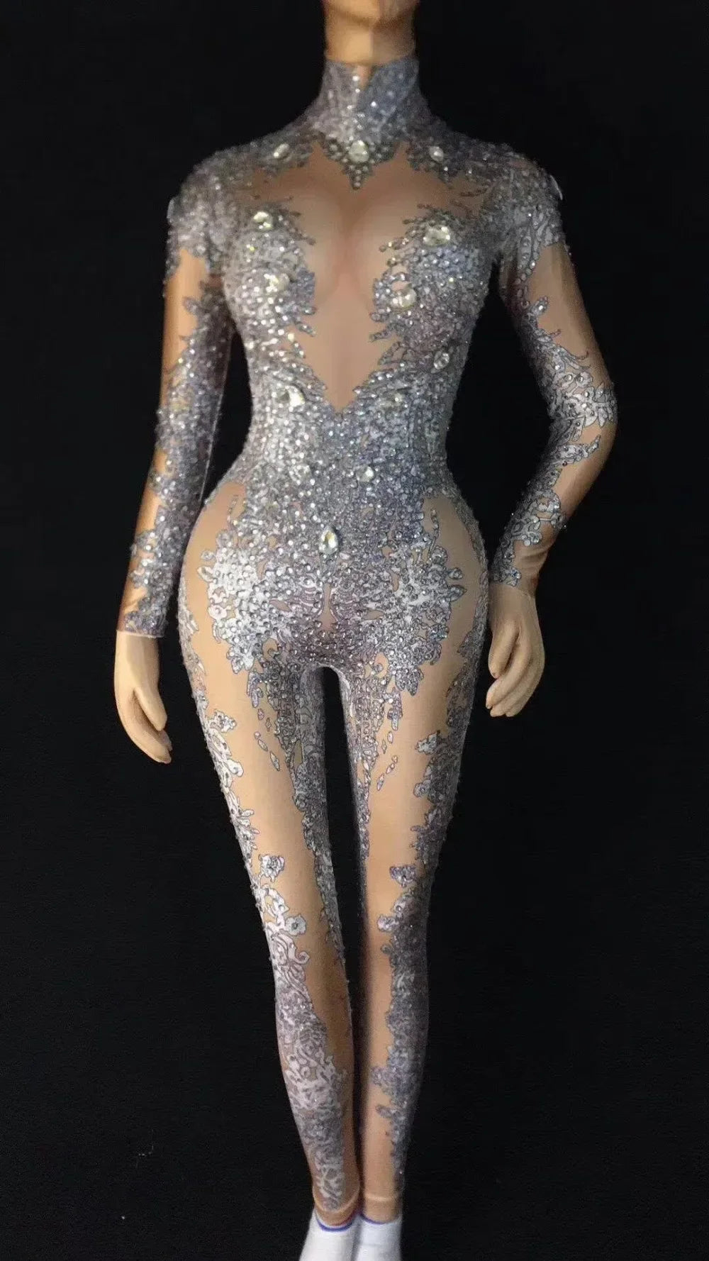 Rhinestones Sparkly Jumpsuit Fashion Sexy Nude Big Stretch Dance Costume One-piece Bodysuit Birthday Outfit Party Leggings